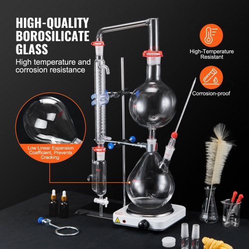 VEVOR 2000ml Essential Oil Distillation Kit, Distillation Apparatus, 3.3 Boro Lab Glassware Distillation Kit with 1000W Heating Plate and 24, 40
