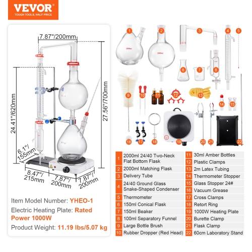 VEVOR 2000ml Essential Oil Distillation Kit, Distillation Apparatus, 3.3 Boro Lab Glassware Distillation Kit with 1000W Heating Plate and 24, 40