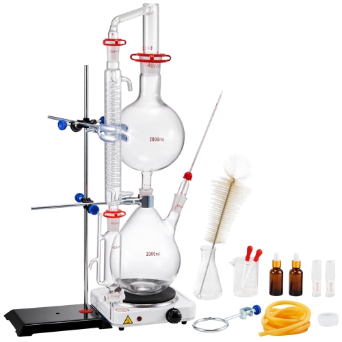 VEVOR 2000ml Essential Oil Distillation Kit, Distillation Apparatus, 3.3 Boro Lab Glassware Distillation Kit with 1000W Heating Plate and 24, 40