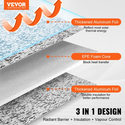 VEVOR 3.2 mm 24 in x 25 ft Double Reflective Insulation Roll, Foam Core Radiant Barrier, Double-Sided Aluminum Foil EPE Foam Heat Reflective Shield,