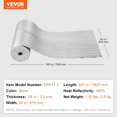 VEVOR 3.2 mm 24 in x 25 ft Double Reflective Insulation Roll, Foam Core Radiant Barrier, Double-Sided Aluminum Foil EPE Foam Heat Reflective Shield,