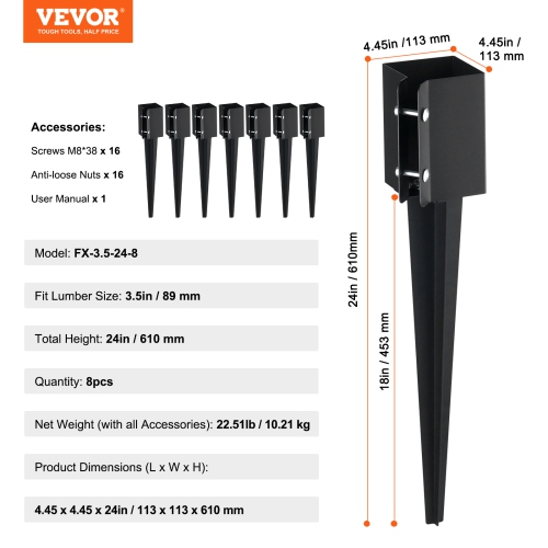 VEVOR 8 Pack 24 x 4 x 4 Inches Fence Post Anchor Ground Spike, Outer Diameter, Metal Black Powder Coated Post Stake Ground, for Mailbox Deck Garden