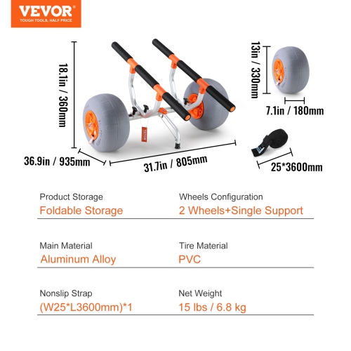 VEVOR Heavy Duty Kayak Cart, 350lbs Load Capacity, Foldable Canoe Trolley Cart with 12'' Tires, Adjustable Carrier Width & Nonslip Support Foot, for