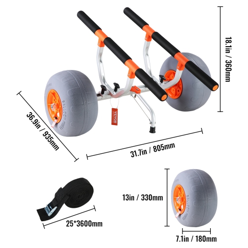 VEVOR Heavy Duty Kayak Cart, 350lbs Load Capacity, Foldable Canoe Trolley Cart with 12'' Tires, Adjustable Carrier Width & Nonslip Support Foot, for