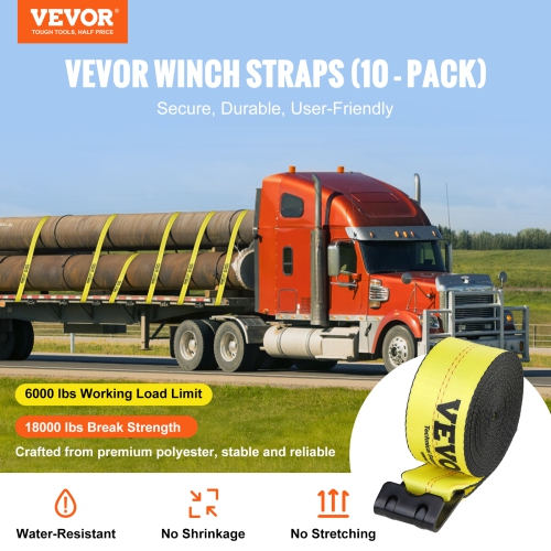 VEVOR 4" x 40' Winch Straps, 6000 lbs Load Capacity, 18000 lbs Break Strength, Truck Straps with Flat Hook, Flatbed Tie Downs Cargo Control for