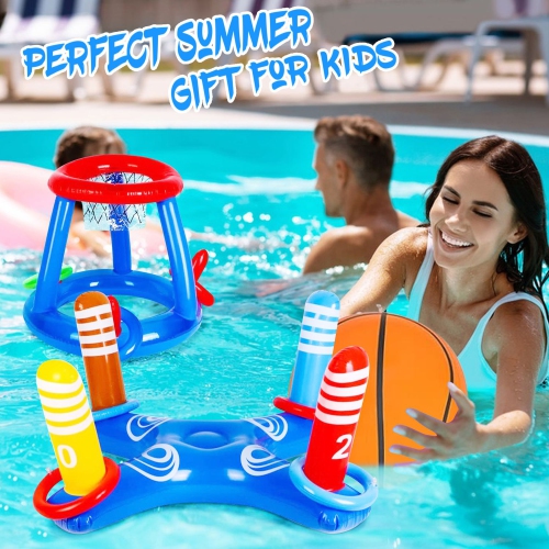 Pool Toys Games Set, Inflatable Floating Basketball Hoop and Inflatable Ring Toss Pool Games for Adults