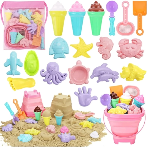 Kids Sand Toys, Sandpit Pretend Play Toy , 20pcs Beach Toys with Bag Sandbox Toys for Girls