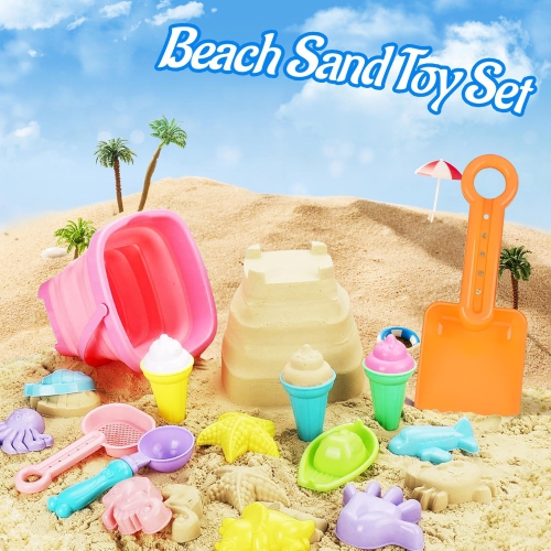 Kids Sand Toys, Sandpit Pretend Play Toy , 20pcs Beach Toys with Bag Sandbox Toys for Girls