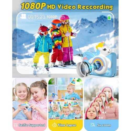 Kids Camera Dual Camera Unicorn Cartoon Handheld Mini Digital Camera - Blue