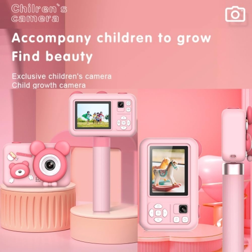 Children's camera dual-camera unicorn cartoon handheld mini digital camera suitable for children's birthday gifts - pink bear