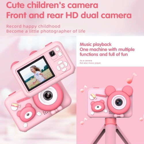 Children's camera dual-camera unicorn cartoon handheld mini digital camera suitable for children's birthday gifts - pink bear