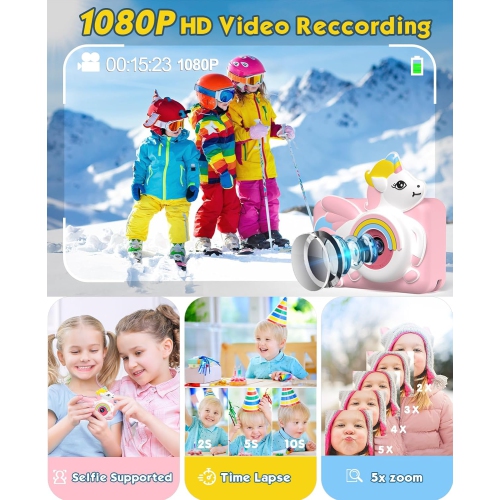 Kids Camera Dual Camera Unicorn Cartoon Handheld Mini Digital Camera - Pink