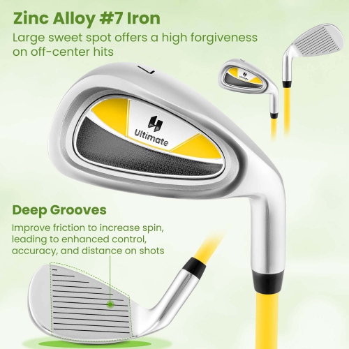 Ultimate Junior #7 Iron for Kids with Fiberglass Shaft & Headcover Junior Practice Golf Club Green/Yellow