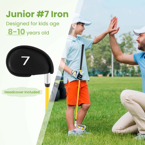 Ultimate Junior #7 Iron for Kids with Fiberglass Shaft & Headcover Junior Practice Golf Club Green/Yellow