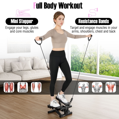 Goplus Mini Stepper for Exercise at Home with Resistance Bands Adjustable Height Black/White
