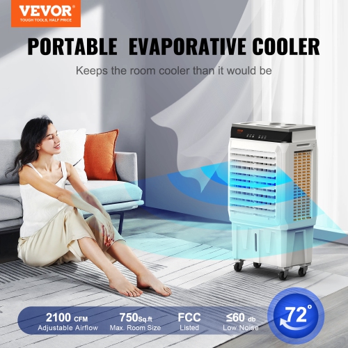 VEVOR 2100 CFM Evaporative Air Cooler, 135掳 Oscillating Swamp Cooler with Adjustable 3 Speeds and 12 H Timer,7 Gal Portable Air Cooler for 750 Sq.ft,