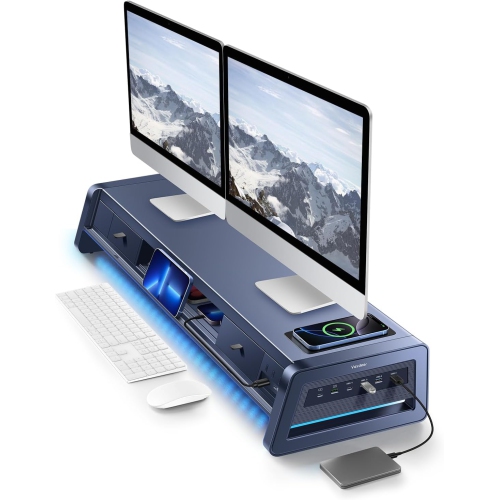 VAYDEER  Dual Monitor Stand Riser With Wireless Charging, 8 USB Ports, Led Light Strip, And Storage Drawers – Metal – 39.3 In
