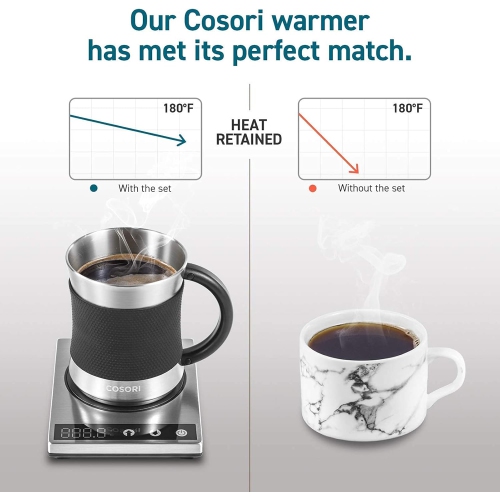 COSORI Coffee Mug Warmer & Mug Set, 24W Electric Beverage Warmer with LCD Display, Stainless Steel, 17oz, Touch Tech, Spill-Resistant