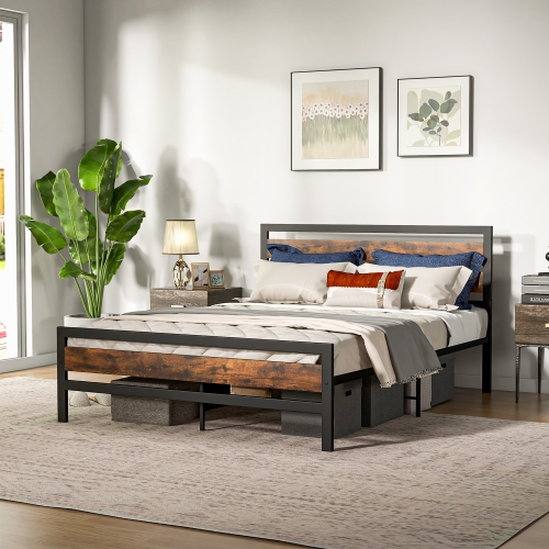 Costway Queen Metal Bed Frame, Industrial Platform Bed with Wood Headboard and Footboard, Heavy-Duty Metal Mattress Foundation, Easy Assembly, No Box