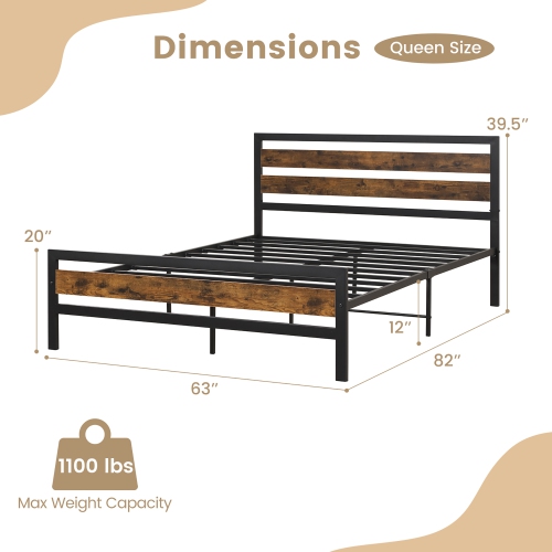 Costway Queen Metal Bed Frame, Industrial Platform Bed with Wood Headboard and Footboard, Heavy-Duty Metal Mattress Foundation, Easy Assembly, No Box