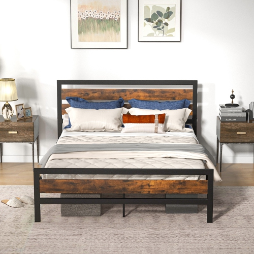 Costway Queen Metal Bed Frame, Industrial Platform Bed with Wood Headboard and Footboard, Heavy-Duty Metal Mattress Foundation, Easy Assembly, No Box