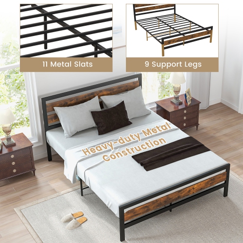 Costway Queen Metal Bed Frame, Industrial Platform Bed with Wood Headboard and Footboard, Heavy-Duty Metal Mattress Foundation, Easy Assembly, No Box