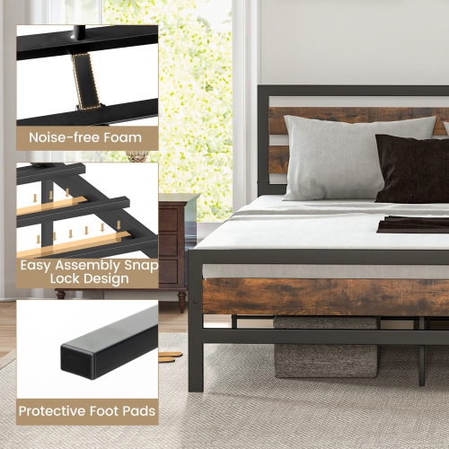 Costway Queen Metal Bed Frame, Industrial Platform Bed with Wood Headboard and Footboard, Heavy-Duty Metal Mattress Foundation, Easy Assembly, No Box