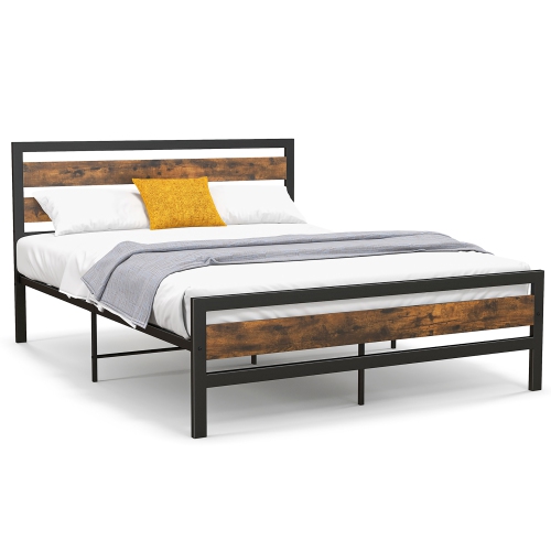 Costway Queen Metal Bed Frame, Industrial Platform Bed with Wood Headboard and Footboard, Heavy-Duty Metal Mattress Foundation, Easy Assembly, No Box