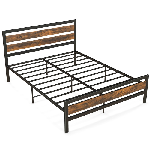 Costway Queen Metal Bed Frame, Industrial Platform Bed with Wood Headboard and Footboard, Heavy-Duty Metal Mattress Foundation, Easy Assembly, No Box