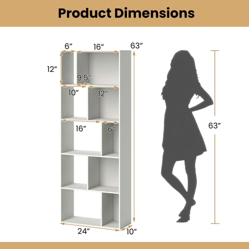 Costway 1/2 PCS 63" Tall Floor Standing Open Bookshelf with 10 Cubbies 5 Back Anti-falling Panels