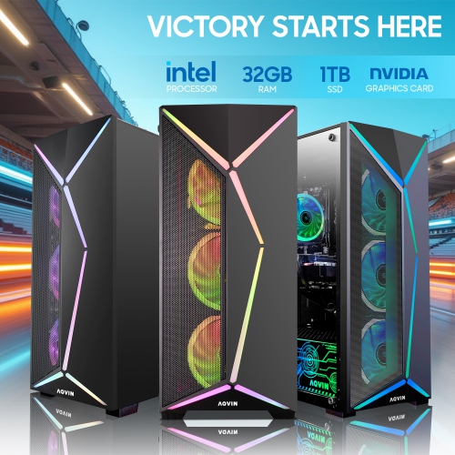Ordinateur de jeu tour AQVIN-AQ80 - Processeur Core i7 d'Intel jusqu'à 4,60 GHz | Mémoire vive DDR4 d'32 Go | SSD d'1 To | Carte