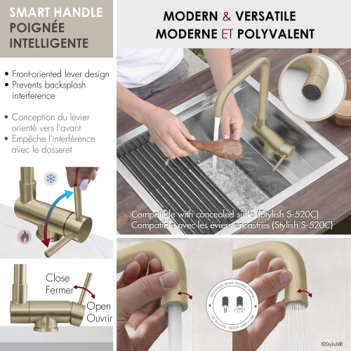 Single Handle Brushed Gold Foldable Kitchen Faucet