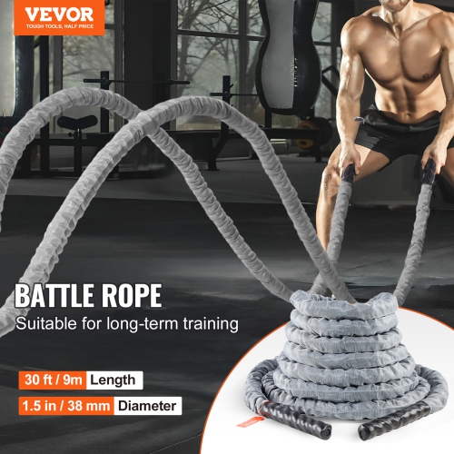 VEVOR 1.5 Inch Diameter 30Ft Length Polyester Exercise Rope, Battle Rope, Battle Exercise Equipment with Protect Sleeve & Anchor, Heavy Weighted Rope