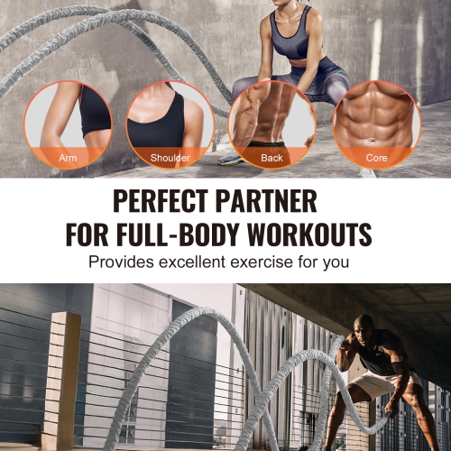 VEVOR 1.5 Inch Diameter 30Ft Length Polyester Exercise Rope, Battle Rope, Battle Exercise Equipment with Protect Sleeve & Anchor, Heavy Weighted Rope