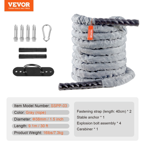 VEVOR 1.5 Inch Diameter 30Ft Length Polyester Exercise Rope, Battle Rope, Battle Exercise Equipment with Protect Sleeve & Anchor, Heavy Weighted Rope