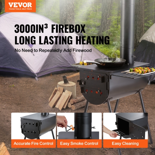 VEVOR 118 inch Wood Stove, Alloy Steel Camping Tent Stove, Portable Wood Burning Stove with Chimney Pipes & Gloves, 3000in³Firebox Hot Tent Stove for