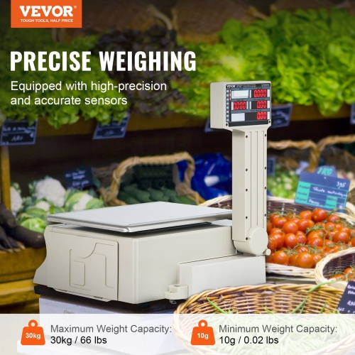 VEVOR Electronic Price Computing Scale, 66 LB Digital Deli Weight Scales, LCD & LED Digital Commercial Food Fruit Meat Produce Counting Weight, for