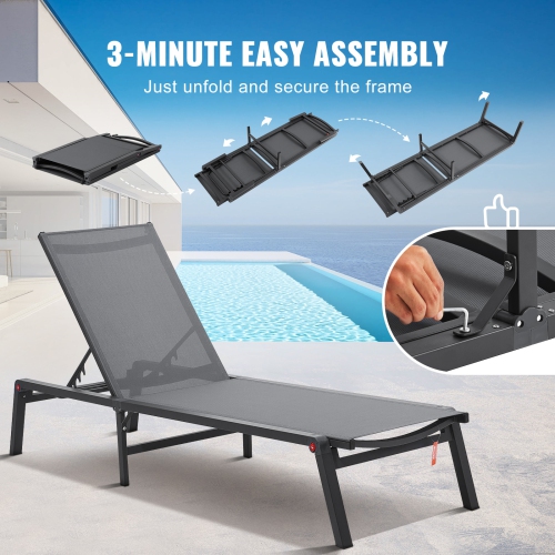 VEVOR Chaise Lounge Chair Outdoor, Aluminum Patio Lounge Chair with Adjustable 5-Position, Folding Pool Lounge Chair Recliner and Full Flat Tanning