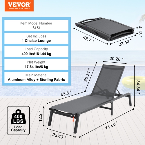 VEVOR Chaise Lounge Chair Outdoor, Aluminum Patio Lounge Chair with Adjustable 5-Position, Folding Pool Lounge Chair Recliner and Full Flat Tanning