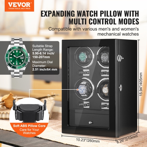 VEVOR Watch Winder, for 4 Men's and Women's Automatic Watches, with 4 Super Quiet Japanese Mabuchi Motors, Blue LED Light and Adapter, High-Density