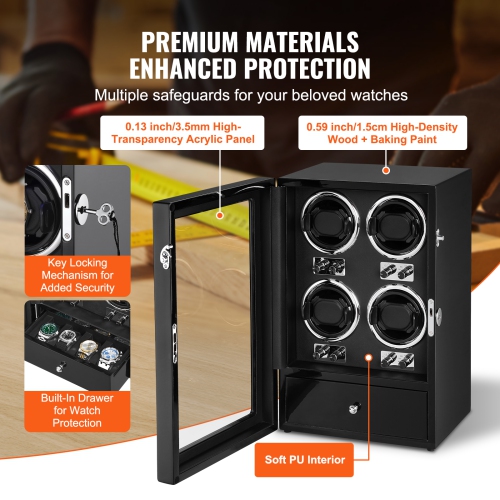 VEVOR Watch Winder, for 4 Men's and Women's Automatic Watches, with 4 Super Quiet Japanese Mabuchi Motors, Blue LED Light and Adapter, High-Density