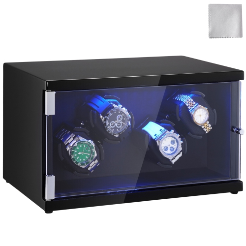 VEVOR Watch Winder, for 4 Men's and Women's Automatic Watches, with 2 Super Quiet Japanese Mabuchi Motors, Blue LED Light and Adapter, High-Density