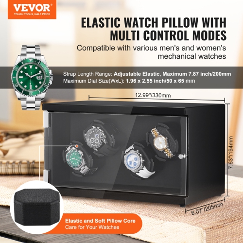 VEVOR Watch Winder, for 4 Men's and Women's Automatic Watches, with 2 Super Quiet Japanese Mabuchi Motors, Blue LED Light and Adapter, High-Density