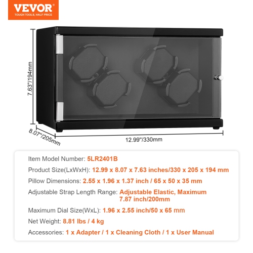 VEVOR Watch Winder, for 4 Men's and Women's Automatic Watches, with 2 Super Quiet Japanese Mabuchi Motors, Blue LED Light and Adapter, High-Density