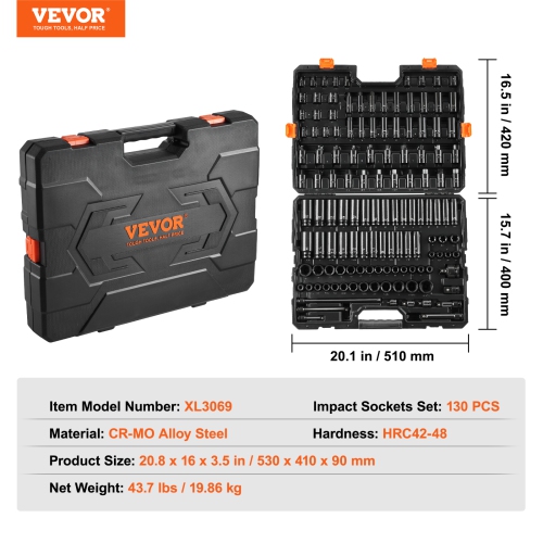 VEVOR 130 Piece Impact Socket Set 3/8" & 1/2" - SAE & Metric Drive Socket Set - 6 Point Cr-Mo Alloy Steel for Auto Repair - Easy-to-Read Size