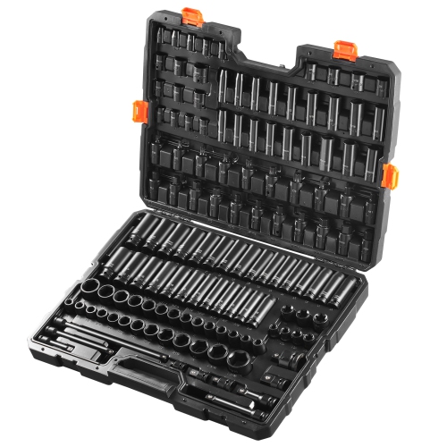 VEVOR 130 Piece Impact Socket Set 3/8" & 1/2" - SAE & Metric Drive Socket Set - 6 Point Cr-Mo Alloy Steel for Auto Repair - Easy-to-Read Size