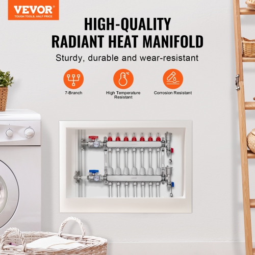 VEVOR 1/2" 7-Branch Radiant Heat Manifold, PEX Tubing Manifold, Stainless Steel PEX Manifold for Hydronic Radiant Floor Heating, Radiant Heat PEX