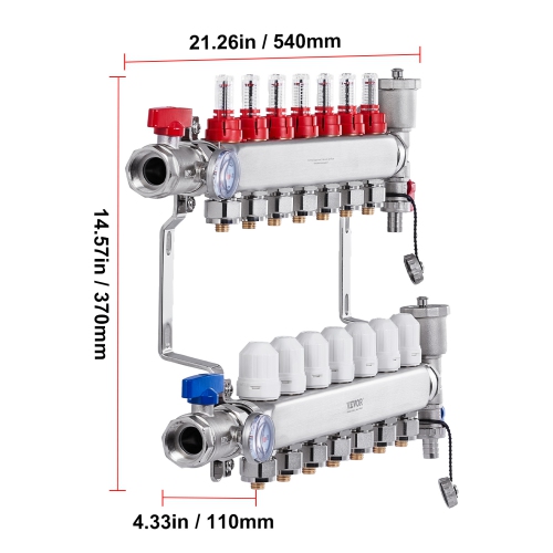 VEVOR 1/2" 7-Branch Radiant Heat Manifold, PEX Tubing Manifold, Stainless Steel PEX Manifold for Hydronic Radiant Floor Heating, Radiant Heat PEX