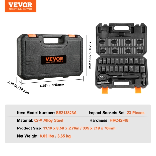 VEVOR 1/2" Drive Impact Socket Set, 23 Piece Socket Set SAE（7/16" -1"）& Metric（13-24mm）6 Point Cr-V Alloy Steel for Auto Repair with Ratchet Handle