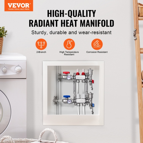 VEVOR 1/2" 2-Branch Radiant Heat Manifold, PEX Tubing Manifold, Stainless Steel PEX Manifold for Hydronic Radiant Floor Heating, Radiant Heat PEX